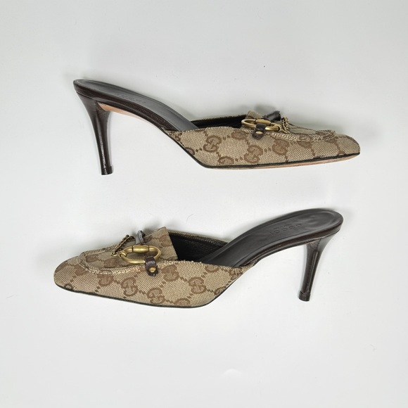 Vintage Gucci Monogram Horsebit Mule Heels in Beige / Brown / Gold size 7b main image 1